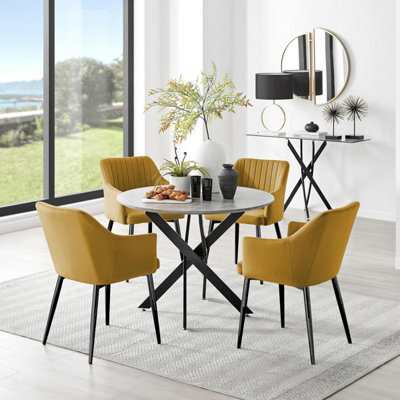 Furniturebox Uk Novara Grey Concrete Effect Black Leg Round Dining Table & 4 Mustard Calla Black Leg Chairs