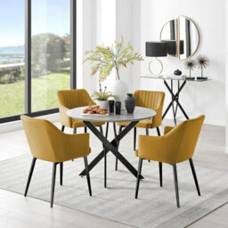 Furniturebox Uk Novara Grey Concrete Effect Black Leg Round Dining Table & 4 Mustard Calla Black Leg Chairs - thumbnail 1