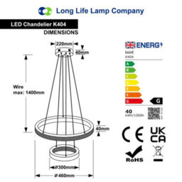 Long Life Lamps Company Modern 40W Led 2 Ring Ceiling Pendant Light Gold Round Chandelier 3 Cct K404 - thumbnail 2
