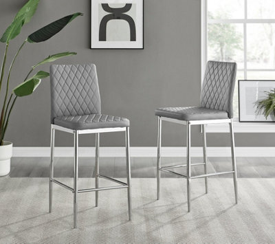 Furniturebox Milan Grey Diamond-Stiched Faux Leather Silver Leg Padded Bar Stools (Set Of 2) - image 1