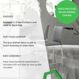 Furniturebox Milan Grey Diamond-Stiched Faux Leather Silver Leg Padded Bar Stools (Set Of 2) - thumbnail 6