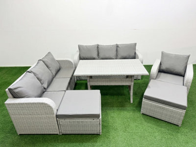 Fimous 9 Seater Poly Rattan Outdoor Garden Furniture Rectangular Dining Table Sofa Set 3 Seater Sofa 2 Big Footstools Light Grey - image 1