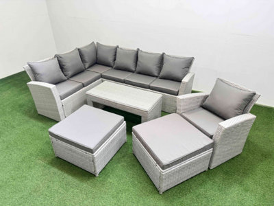 Fimous Rattan Garden Furniture Set Outdoor 9 Seater Corner Sofa Sets With Oblong Coffee Table Chair 2 Big Footstools Light Grey - image 1
