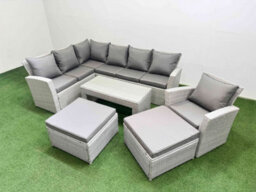 Fimous Rattan Garden Furniture Set Outdoor 9 Seater Corner Sofa Sets With Oblong Coffee Table Chair 2 Big Footstools Light Grey - thumbnail 1