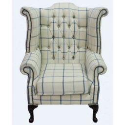 Chesterfield High Back Wing Chair Piazza Square Check Blue Fabric In Queen Anne Style - thumbnail 2