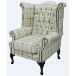 Chesterfield High Back Wing Chair Piazza Square Check Blue Fabric In Queen Anne Style - thumbnail 3