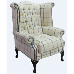 Chesterfield High Back Wing Chair Piazza Square Check Blue Fabric In Queen Anne Style - thumbnail 1