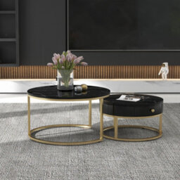 Btm Set Of 2 Round Coffee Tables With Drawers, Nesting Tables With Storage, Gold Metal Frame & Marble Pattern Top, For Living Room