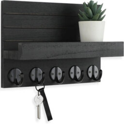 Black Wall Mounted Key Holder Hooks Keyrings Organiser With Shelf Letter Mail Hanger - thumbnail 6