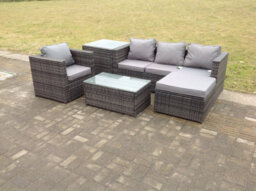 Fimous 5 Seats Rattan Sofa Set Coffee Table Arm Chair Set Outdoor Garden Furniture In Dark Grey - thumbnail 6