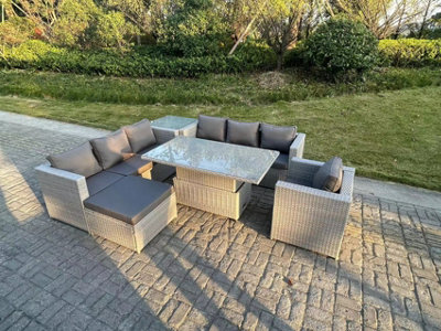 Fimous Rattan Garden Funiture Set Adjustable Rising Lifting Table Sofa Dining Set Side Coffee Tea Table Chair Footstool - image 1