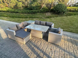 Fimous Rattan Garden Funiture Set Adjustable Rising Lifting Table Sofa Dining Set Side Coffee Tea Table Chair Footstool - thumbnail 1