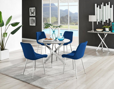 Furniturebox Uk Novara Grey Concrete Effect Round Dining Table & 4 Navy Pesaro Silver Chairs - image 1