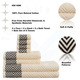 TheWhiteWater Limited 8 Pieces Towel Set With 4 Face Towel 2 Hand Towels And 2 Bath 100% Pure Natural Cotton Bale Set Of Towels - Cream (Zig Zag) - thumbnail 3