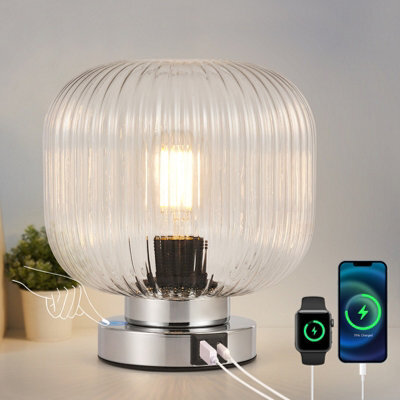 Harper Living Table Lamp With Usb-C & Usb-A Charging Ports, Touch Control Dimmable E27 Desk Lamp, Clear Glass Shade - image 1