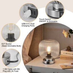 Harper Living Table Lamp With Usb-C & Usb-A Charging Ports, Touch Control Dimmable E27 Desk Lamp, Clear Glass Shade - thumbnail 4