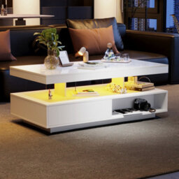 Led Coffee Table With 2 Drawers, Open Storage And 16-Color Led Lights, White - thumbnail 1