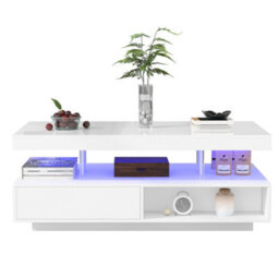 Led Coffee Table With 2 Drawers, Open Storage And 16-Color Led Lights, White - thumbnail 9