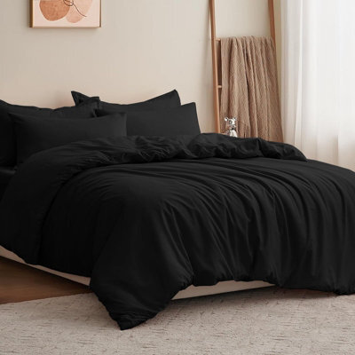 Moonlight Bedding Plain Microfibre 4 Piece Duvet Cover Set With Fitted Sheet, Double (Black, 200X200Cm) - image 1