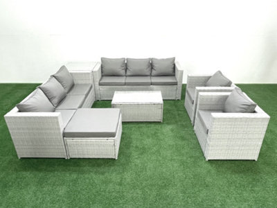 Fimous Outdoor Rattan Sofa Garden Furniture Set 2 Armchairs Oblong Coffee Table Big Stool Side Table Light Grey - image 1