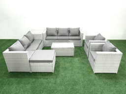 Fimous Outdoor Rattan Sofa Garden Furniture Set 2 Armchairs Oblong Coffee Table Big Stool Side Table Light Grey - thumbnail 2