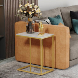 Fativo  L45 X W30 X H54.6Cm Hard Wearing Gold Sofa Table C Shaped Side End Table Furniture With White Top Sintered Stone Marble - thumbnail 8