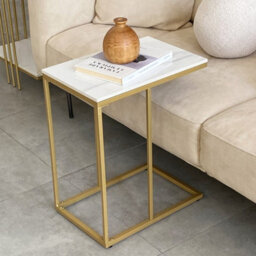 Fativo  L45 X W30 X H54.6Cm Hard Wearing Gold Sofa Table C Shaped Side End Table Furniture With White Top Sintered Stone Marble