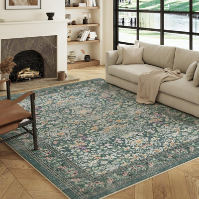 Decoranddecor Living Room Rugs, Washable Area Rugs, 120X170Cm, Non-Slip, Pet Friendly, Low Pile, Floral Rug - Zafira - image 1