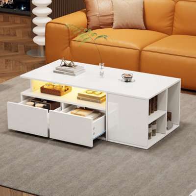 Btm High Gloss Coffee Table With Led, Open Storage And 2 Drawers, Modern Centre Table 100X50X35Cm, White - image 1