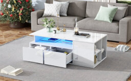 Btm High Gloss Coffee Table With Led, Open Storage And 2 Drawers, Modern Centre Table 100X50X35Cm, White - thumbnail 8