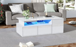 Btm High Gloss Coffee Table With Led, Open Storage And 2 Drawers, Modern Centre Table 100X50X35Cm, White - thumbnail 7