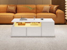Btm High Gloss Coffee Table With Led, Open Storage And 2 Drawers, Modern Centre Table 100X50X35Cm, White - thumbnail 9
