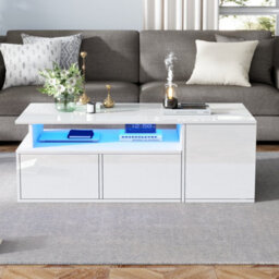 Btm High Gloss Coffee Table With Led, Open Storage And 2 Drawers, Modern Centre Table 100X50X35Cm, White - thumbnail 6