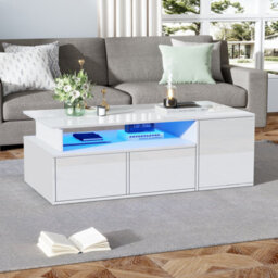 Btm High Gloss Coffee Table With Led, Open Storage And 2 Drawers, Modern Centre Table 100X50X35Cm, White - thumbnail 5