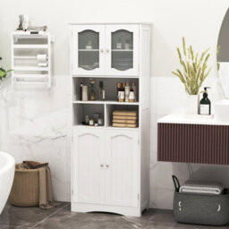 Costway 148Cm Tall Bathroom Cabinet Freestanding Storage Cabinet With Tempered Glass Doors - thumbnail 4