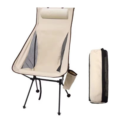 Beige Lightweight Folding Camping Chair With Headrest , Portable Aluminum Outdoor Seat - image 1