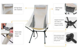 Beige Lightweight Folding Camping Chair With Headrest , Portable Aluminum Outdoor Seat - thumbnail 3