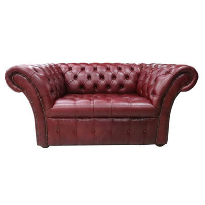 Chesterfield 1.5 Seater Sofa Buttoned Seat Old English Burgandy Leather In Balmoral Style - image 1