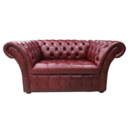 Chesterfield 1.5 Seater Sofa Buttoned Seat Old English Burgandy Leather In Balmoral Style - thumbnail 1