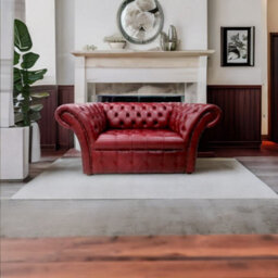 Chesterfield 1.5 Seater Sofa Buttoned Seat Old English Burgandy Leather In Balmoral Style - thumbnail 2