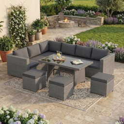 Garden Vida Belgrave 9 Seater Rattan Set Grey Complete Outdoor Dining Table Steel Frame & Pe Wicker Ukfr Certified Weather