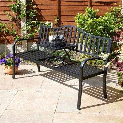 Home Source Valetta Garden Outdoor Loveseat With Lift-Up Serving Table Bench Black - image 1