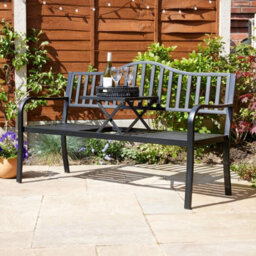 Home Source Valetta Garden Outdoor Loveseat With Lift-Up Serving Table Bench Black - thumbnail 3