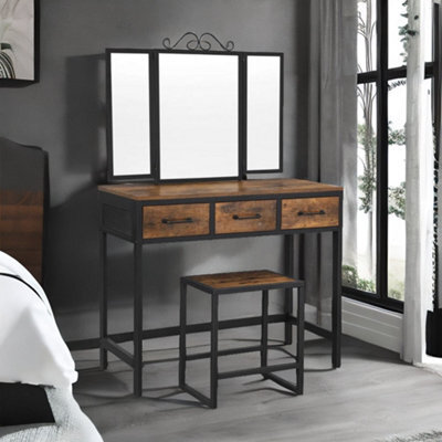 Rafaelo Mobilia Industrial Rustic Brown Dressing Table With Mirror And Stool - image 1
