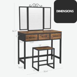 Rafaelo Mobilia Industrial Rustic Brown Dressing Table With Mirror And Stool - thumbnail 5