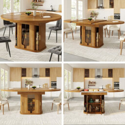 Btm Extendable Round Dining Table 118 To 158Cm, Seats 6, With Glass Storage, Walnut - thumbnail 1