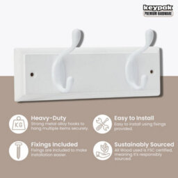Keypak 2-Hook Door Wall Mounted Coat Rack, 22.5Cm - White Wooden Board, White Coat Hooks - Fixings Included - thumbnail 2