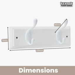 Keypak 2-Hook Door Wall Mounted Coat Rack, 22.5Cm - White Wooden Board, White Coat Hooks - Fixings Included - thumbnail 3