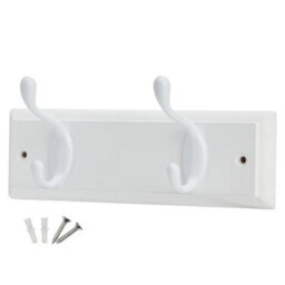 Keypak 2-Hook Door Wall Mounted Coat Rack, 22.5Cm - White Wooden Board, White Coat Hooks - Fixings Included