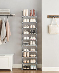 Songmics Storage Tower, 10-Tier Metal Shoe Organizer With Customizable Shelving, Grey
